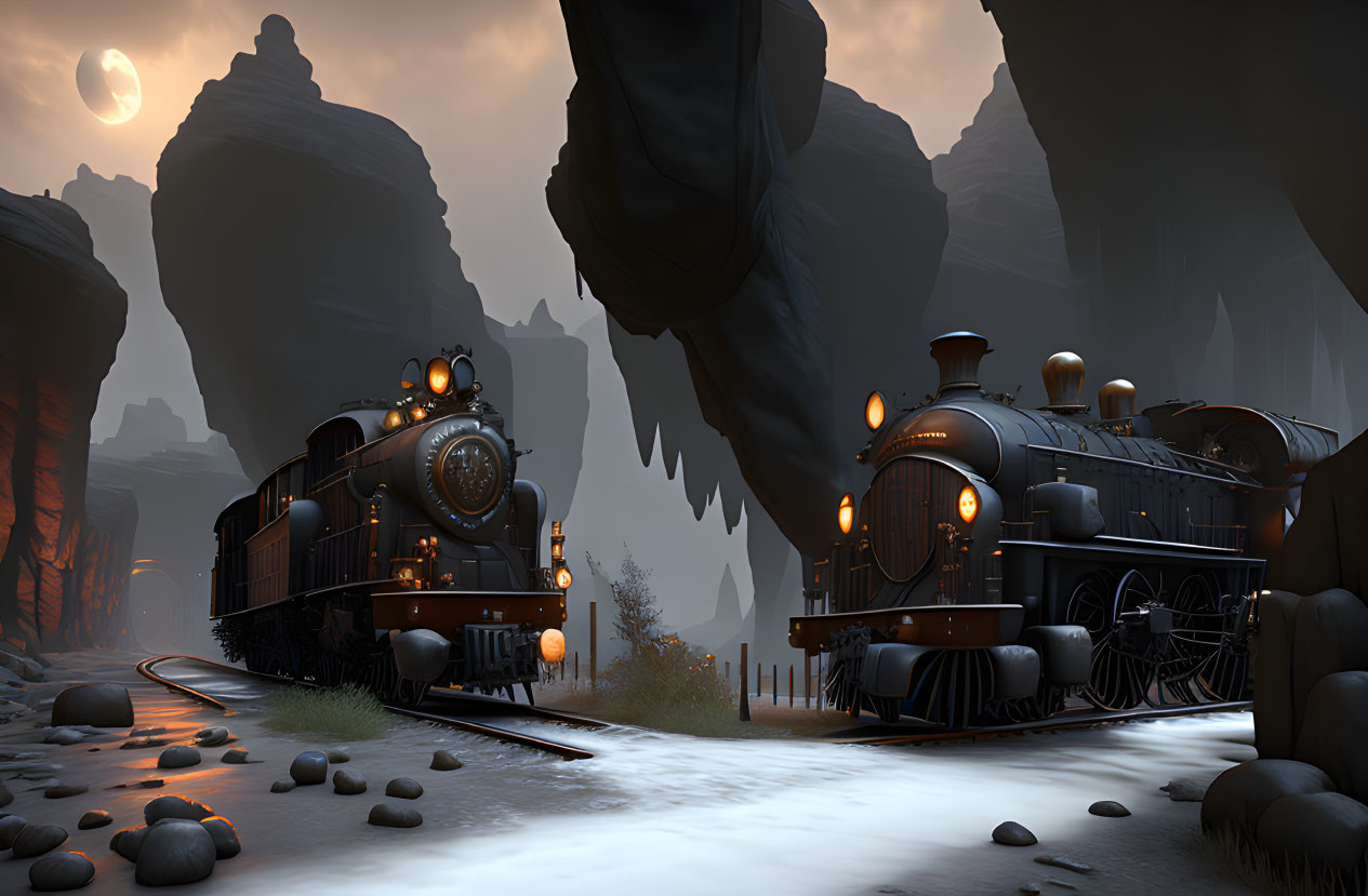 Vintage steam trains on misty mountain tracks at twilight