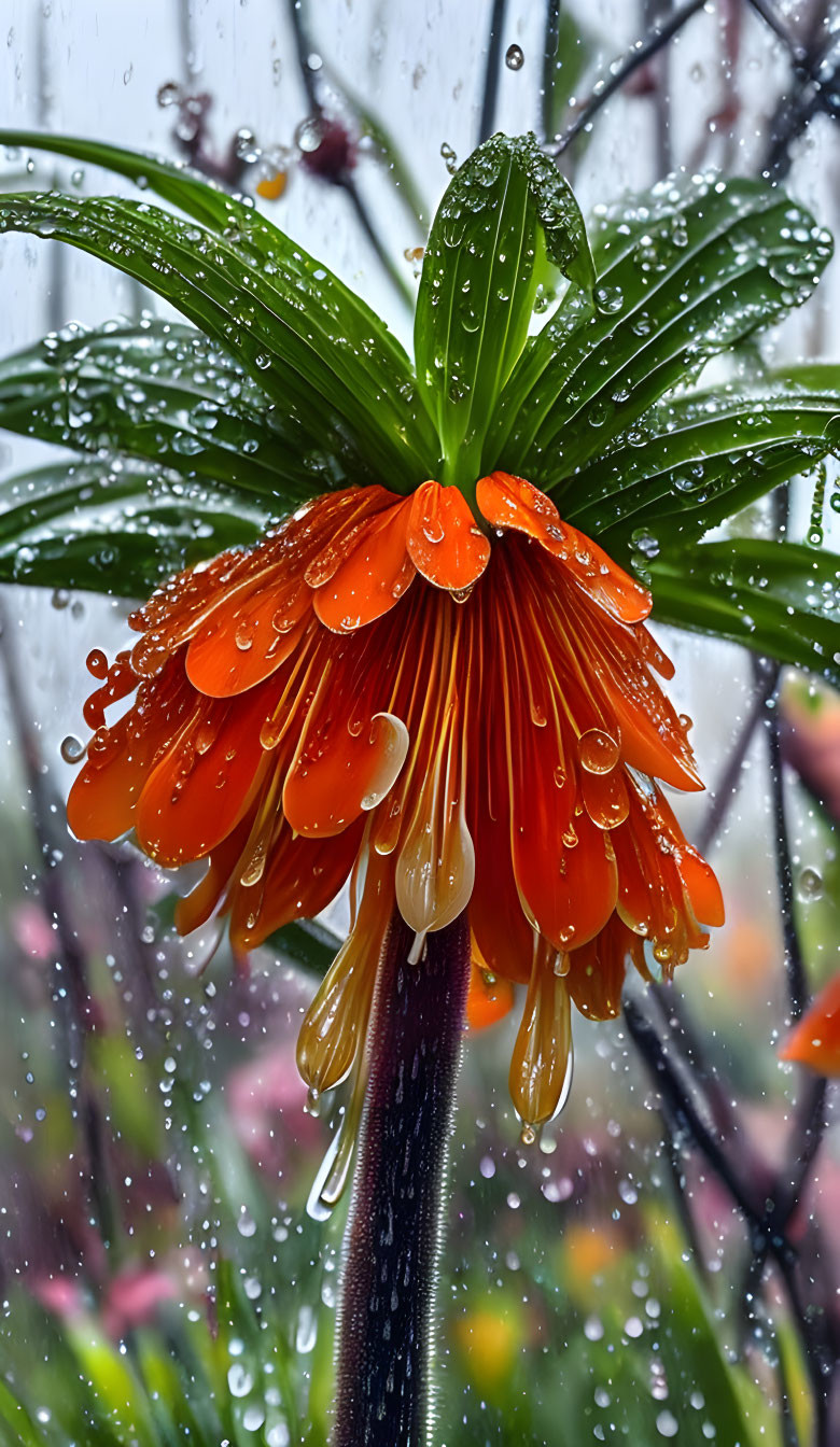 Vibrant orange flower with water droplets on petals against blurred background.