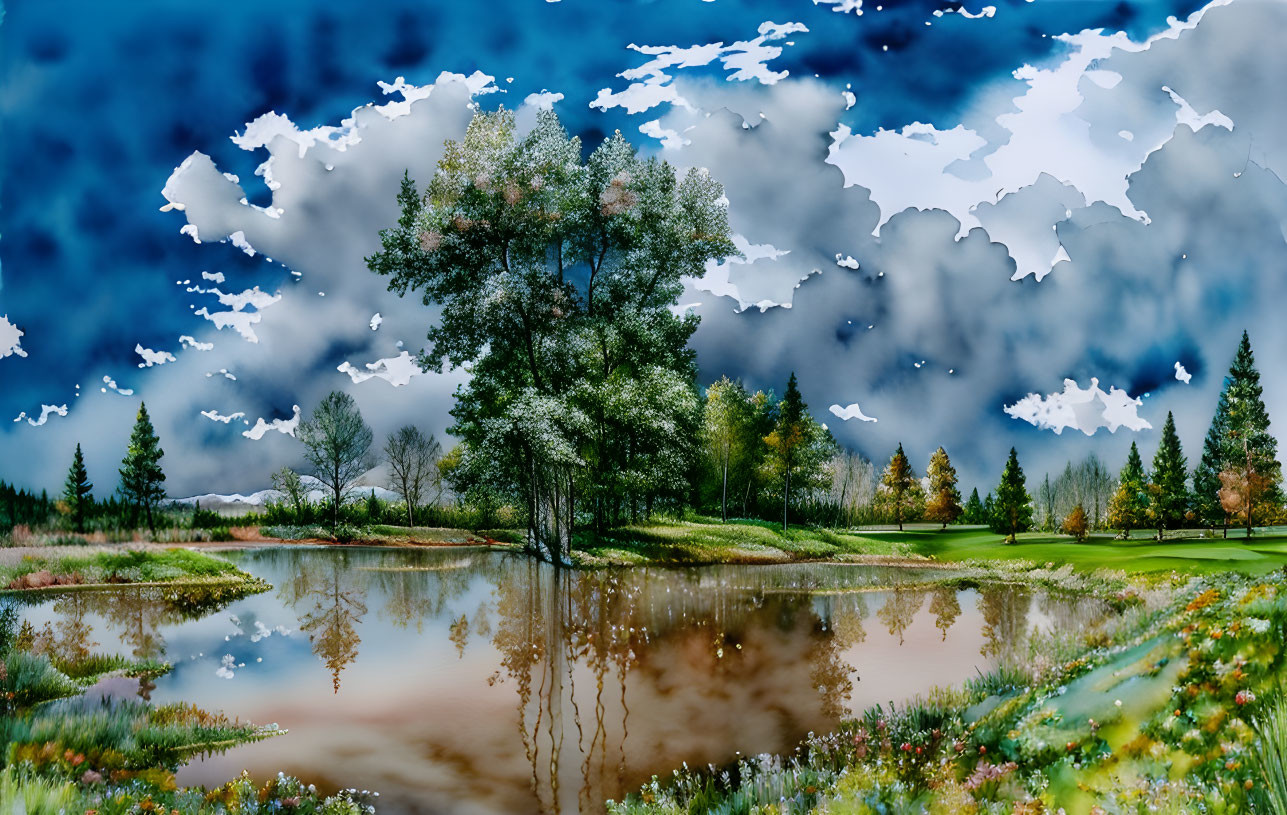 Digitally altered surreal landscape with isolated tree, vibrant flora, and dramatic sky