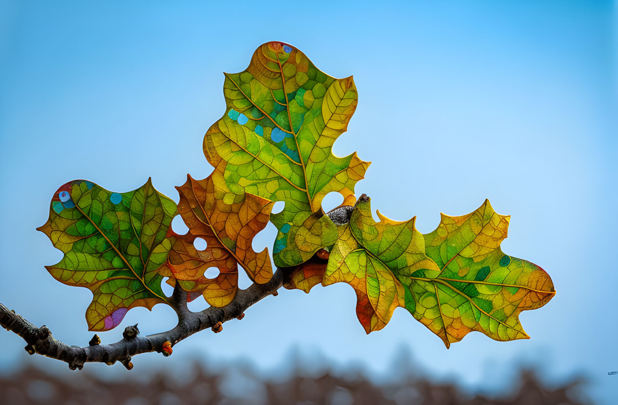 Multicolored decaying oak leaves against soft blue sky