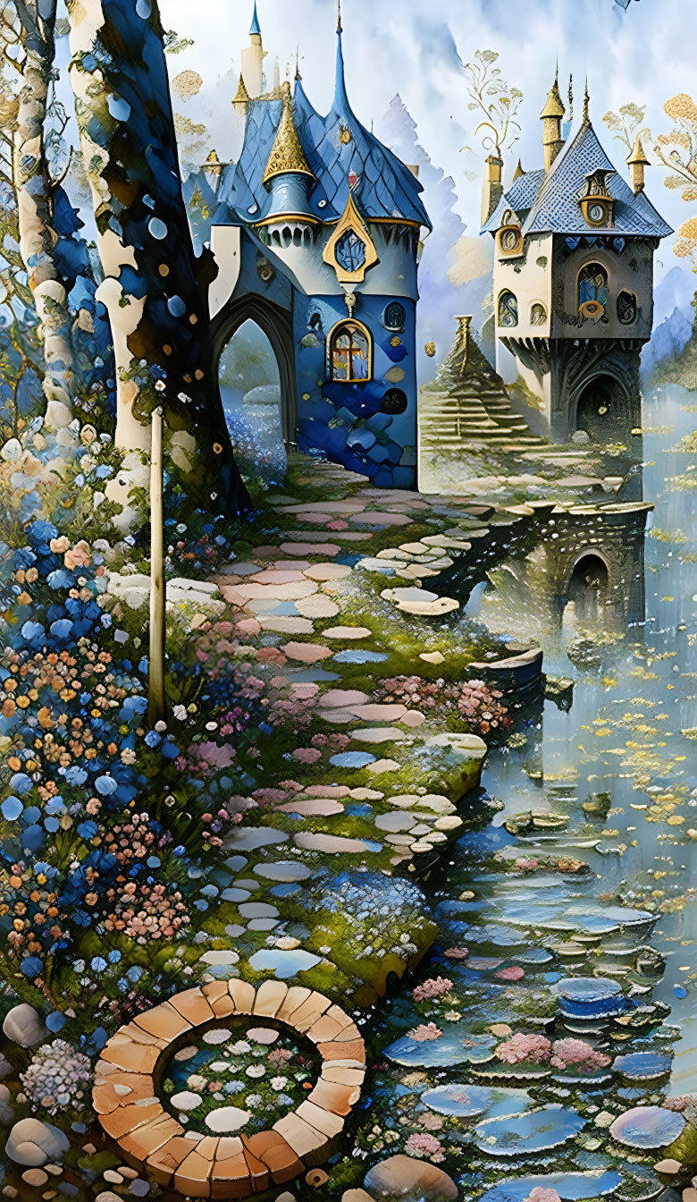 Illustration of fairy-tale landscape with castles, cobblestone path, flowers, and serene