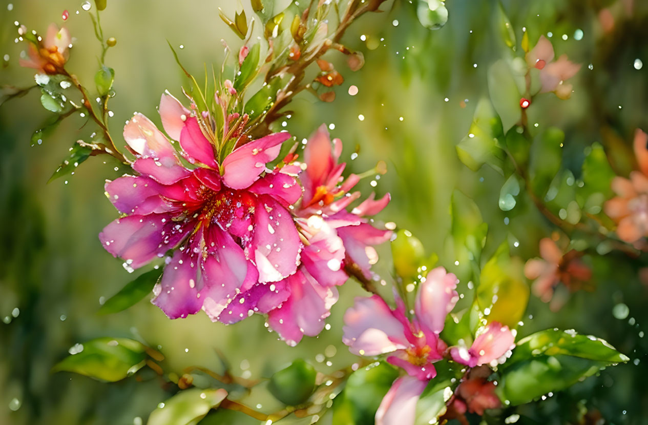 Bright pink flowers with dew droplets on bokeh background - a fresh, soft sunlight scene.