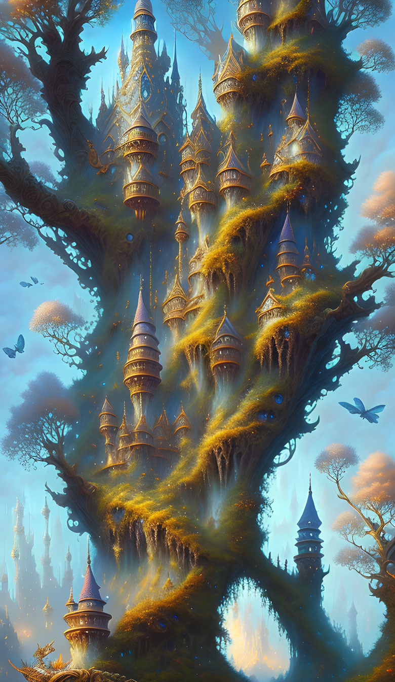 Intricate castle structures in majestic fantasy tree setting