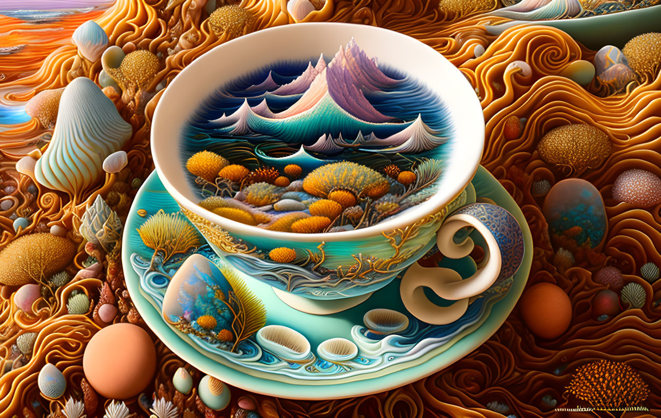 Surreal seascape cup surrounded by marine-inspired patterns