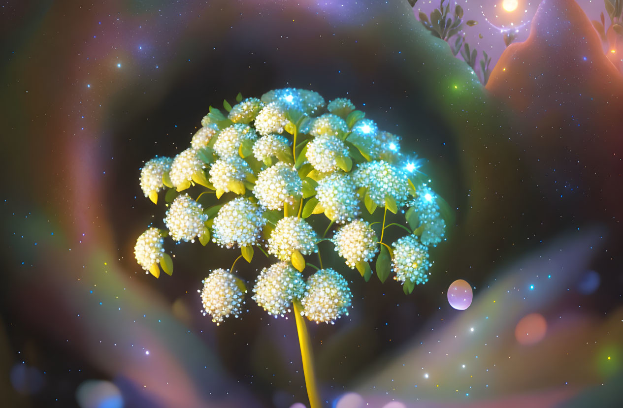 Fantastical glowing plant with white blossoms in cosmic setting