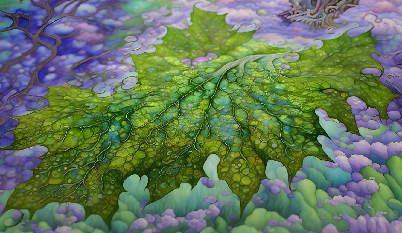 Detailed green leaf with water droplets on whimsical purple-blue background