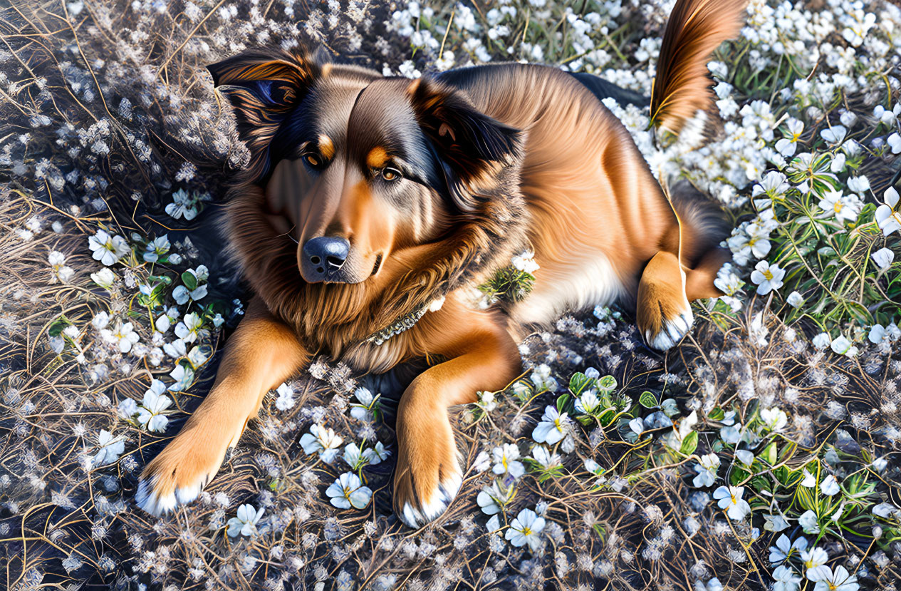 Fluffy brown and black dog in nature with bright amber eyes