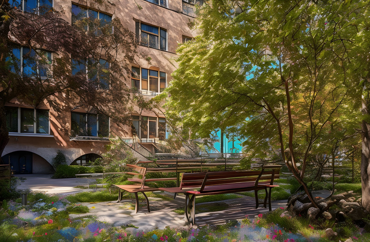 Tranquil garden with wooden bench, lush trees, colorful flowers, and brown building