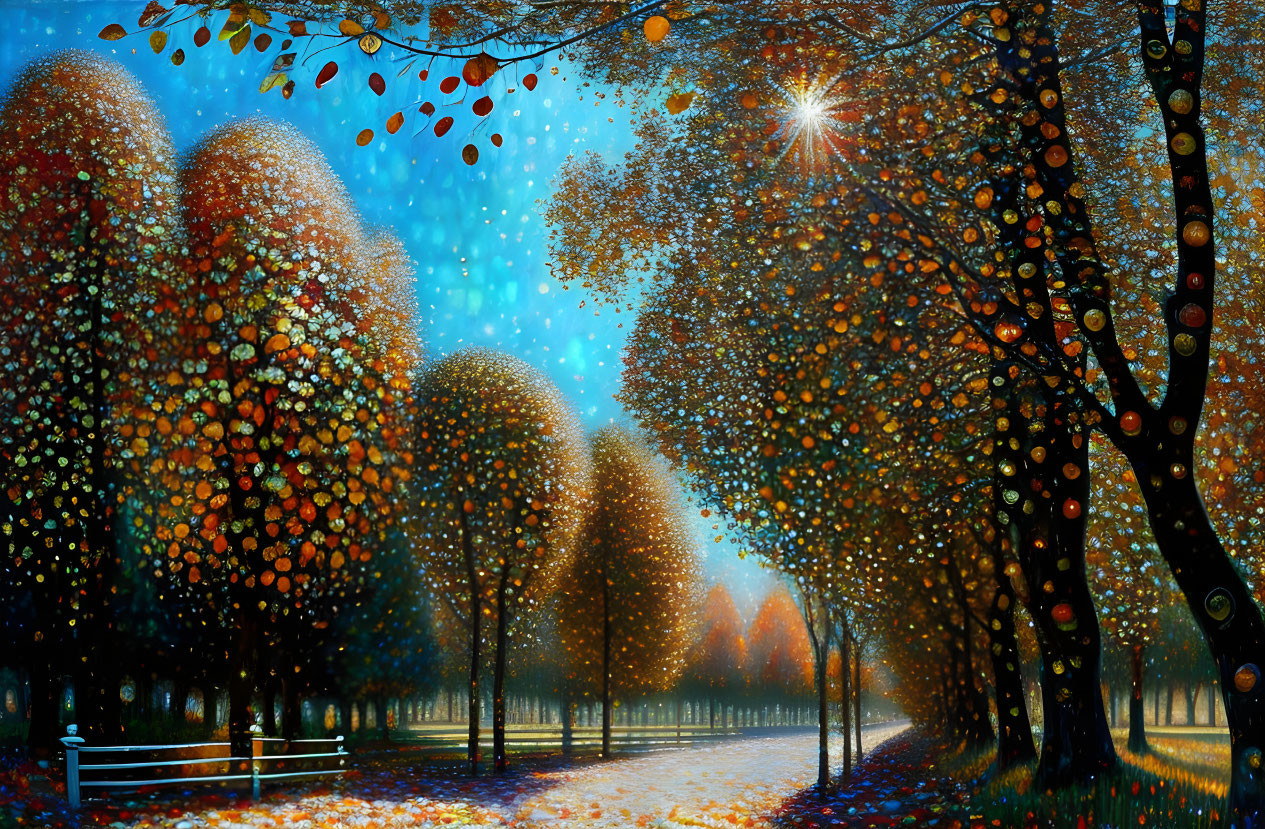 Colorful Autumn Park Scene with Glittering Pathway and Bright Sky Light