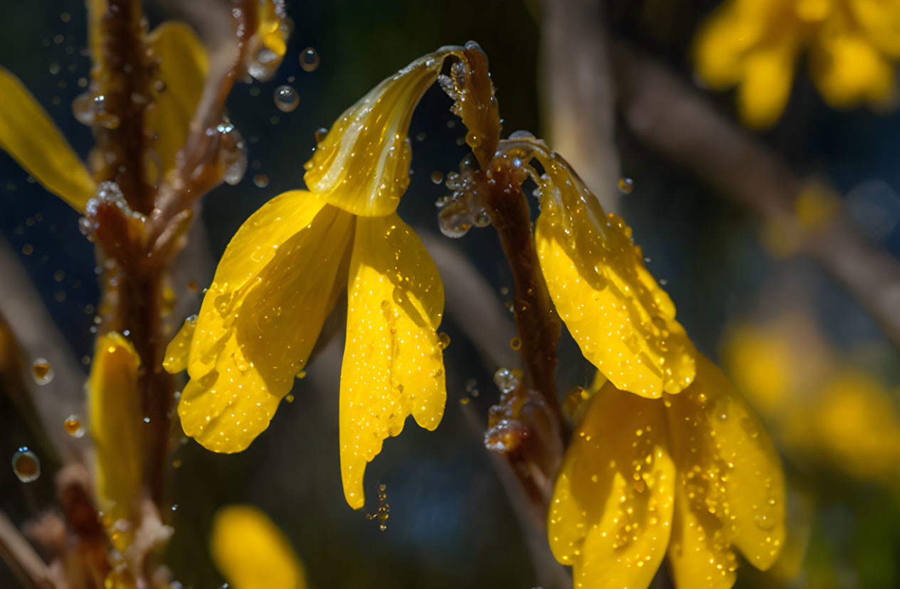 Vibrant yellow flowers with dew drops on petals in dark backdrop