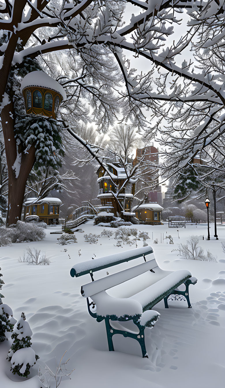 Snow-covered wintry park scene with bench, bare trees, lit house, and gazebo under cloudy