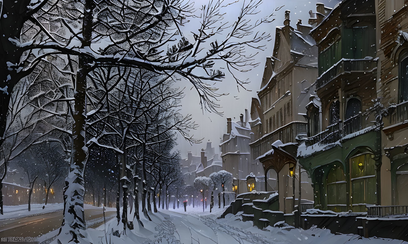 Victorian houses on quiet street in snowy evening