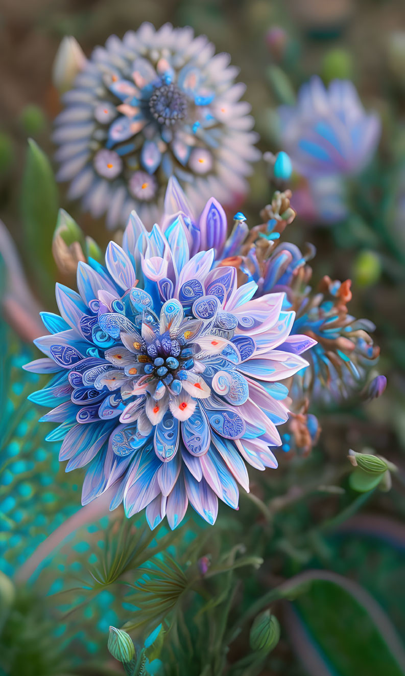 Colorful digital artwork: Whimsical flower with blue and purple petals in vibrant garden