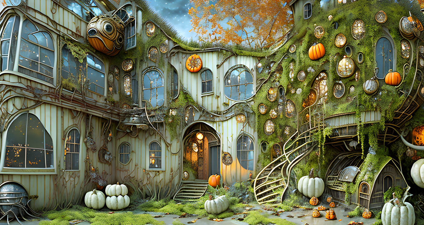 Fantasy house with pumpkin decor and steampunk style