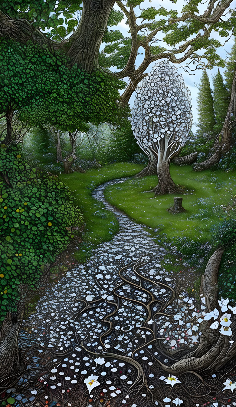 Enchanted forest with winding path and white blossoms.