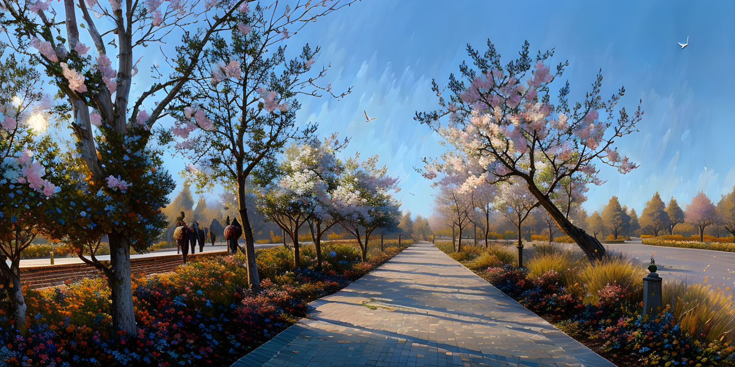 Scenic cherry blossom park pathway under clear blue sky