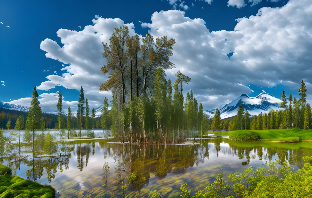 Tranquil lake landscape with greenery, trees, and mountains