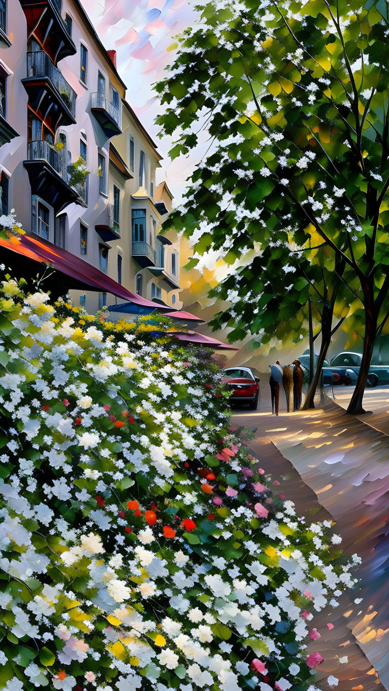 Colorful street scene with flowers, trees, buildings, cars, and pedestrians