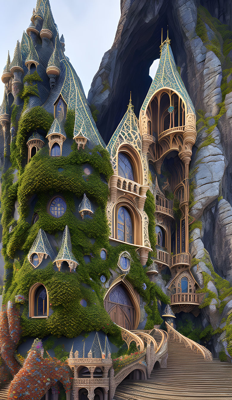 Fantasy castle with golden towers in lush cliffside landscape