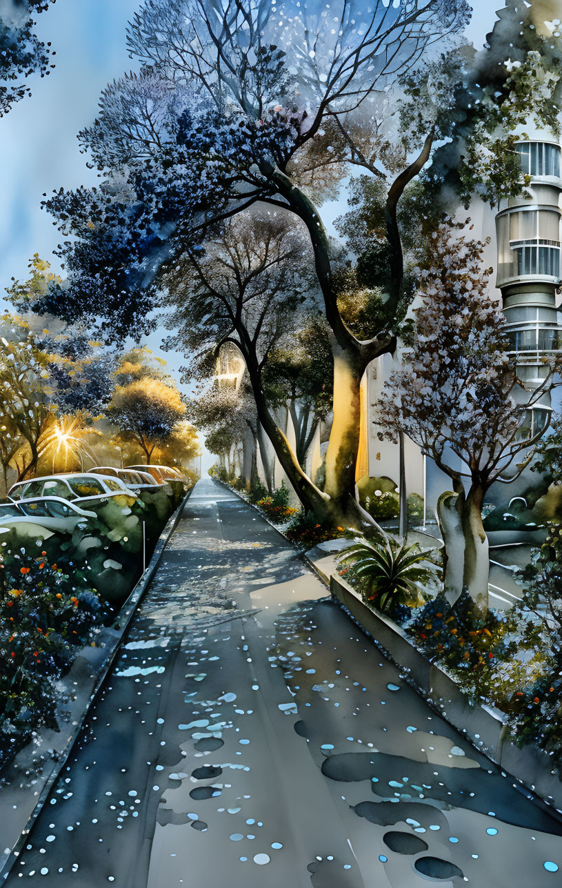 Scenic street with trees, fallen leaves, puddles, and streetlights at dusk or dawn