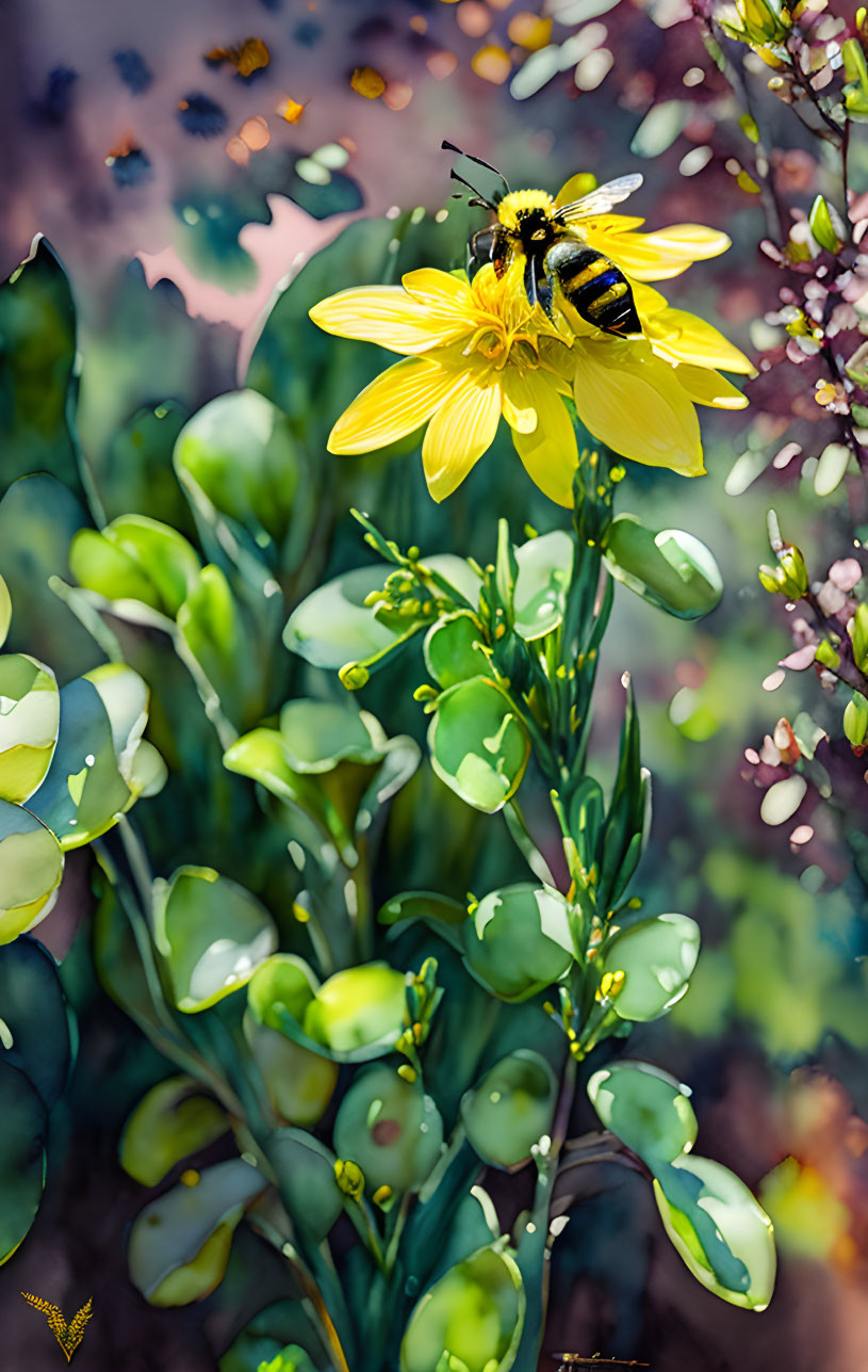 Bee gathering nectar on vibrant yellow flower in green foliage.