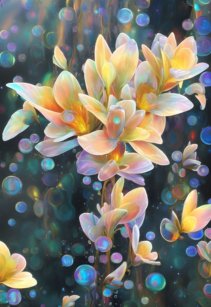 Luminous translucent flowers in blue-green bokeh digital art