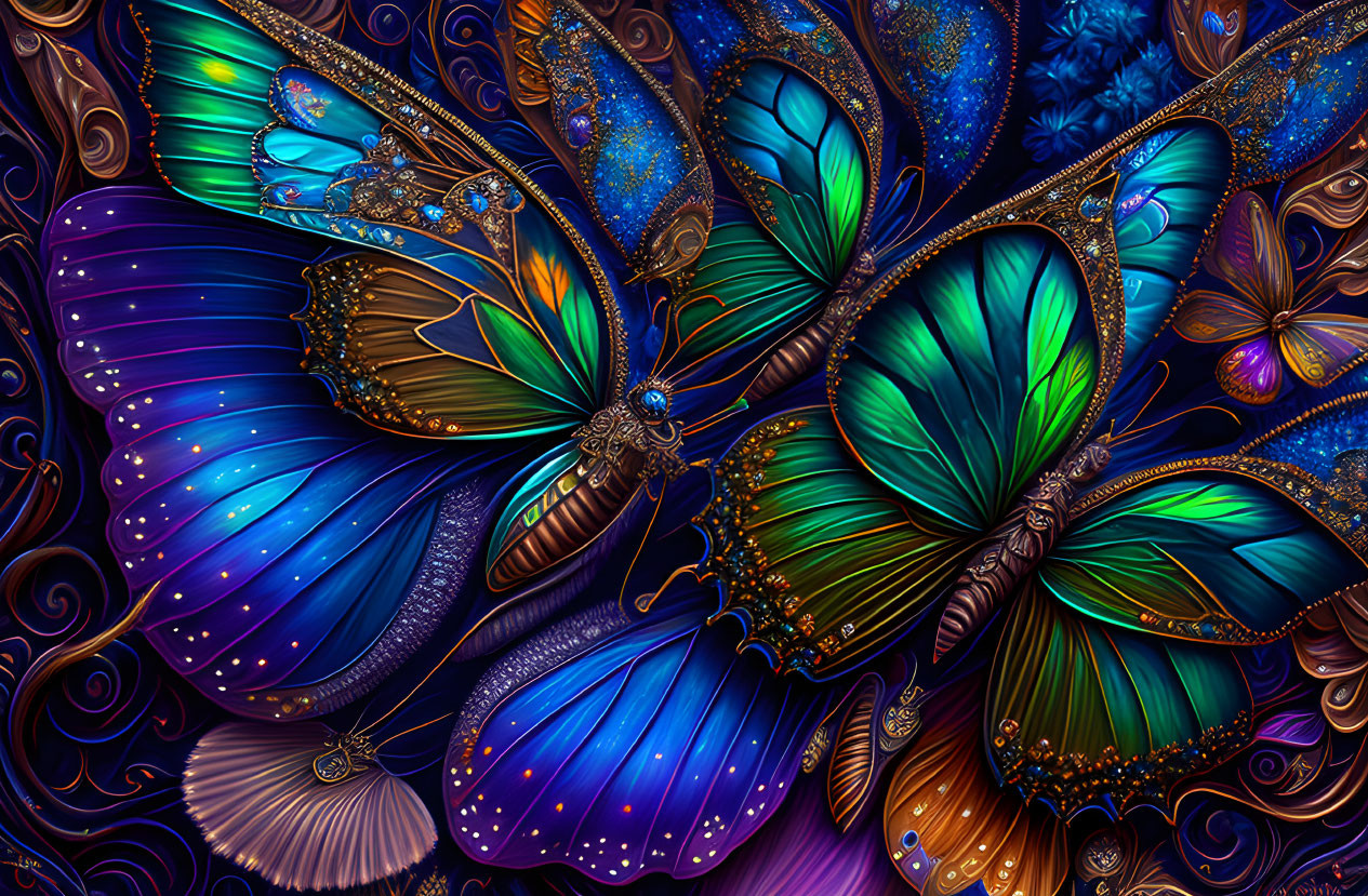 Colorful digital artwork featuring intricate blue and purple butterfly wings on a dark background