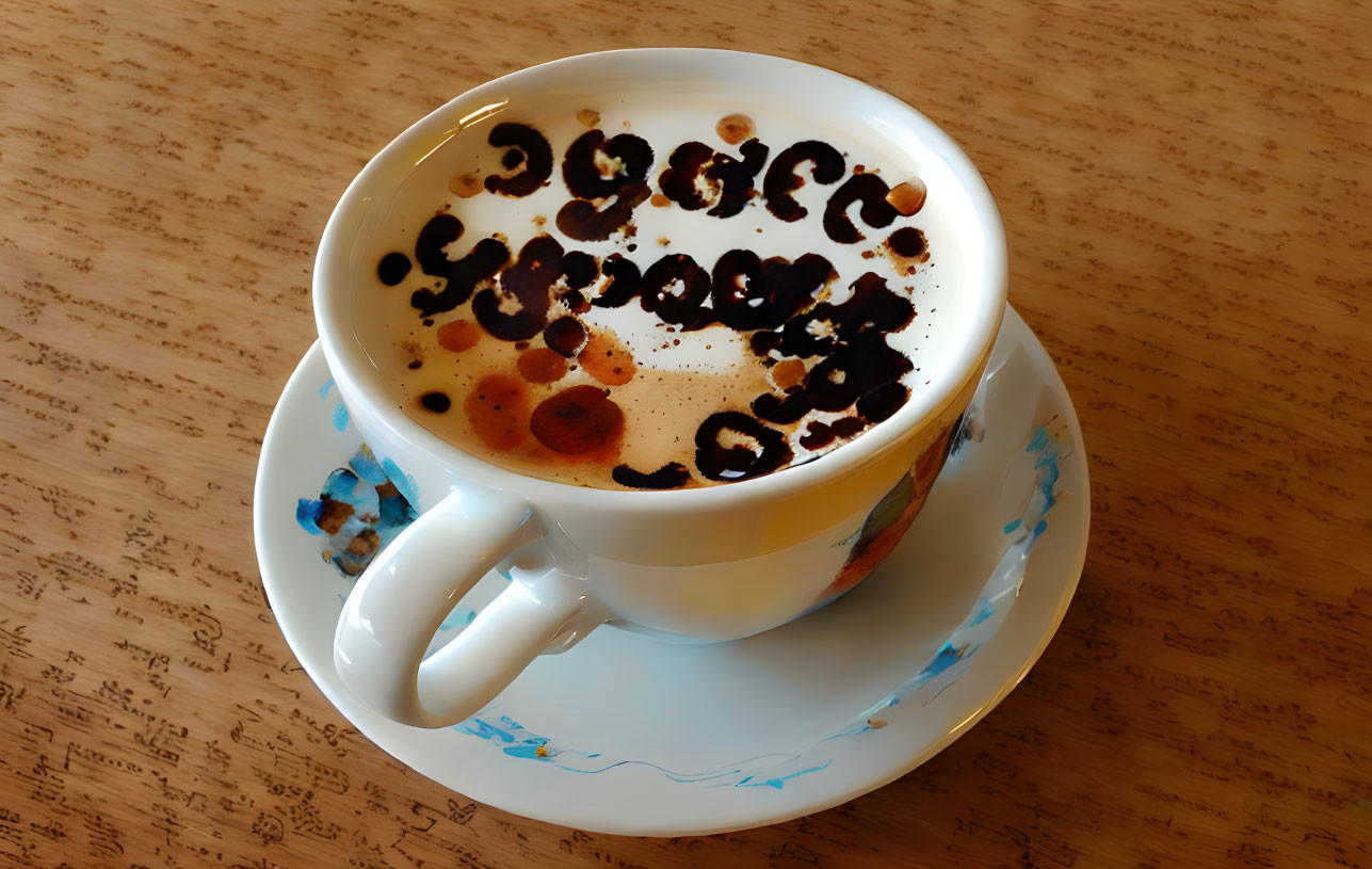 Cappuccino cup with "good morning" message in froth, chocolate syrup, saucer