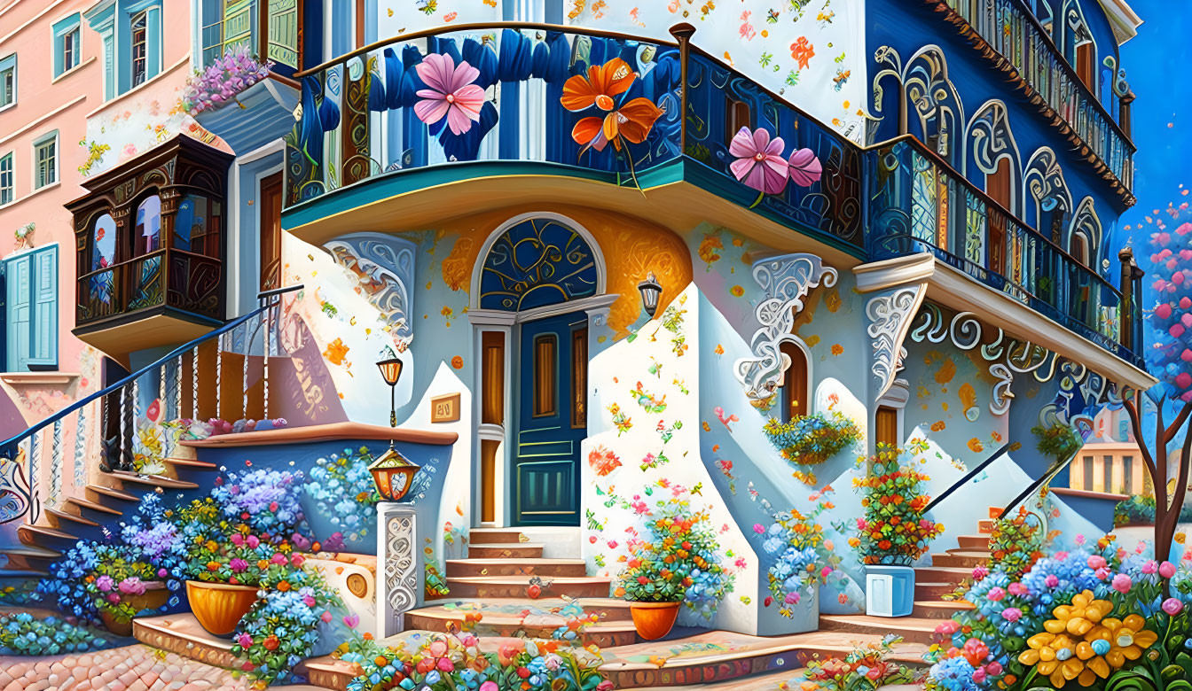 Whimsical house illustration with blue door and vibrant flowers