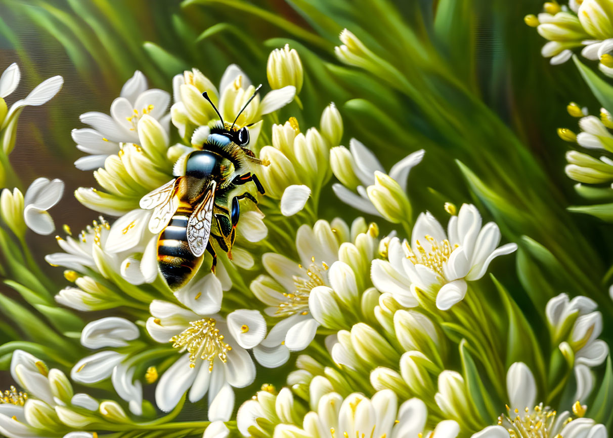 Bee on white flowers with yellow centers in lush greenery