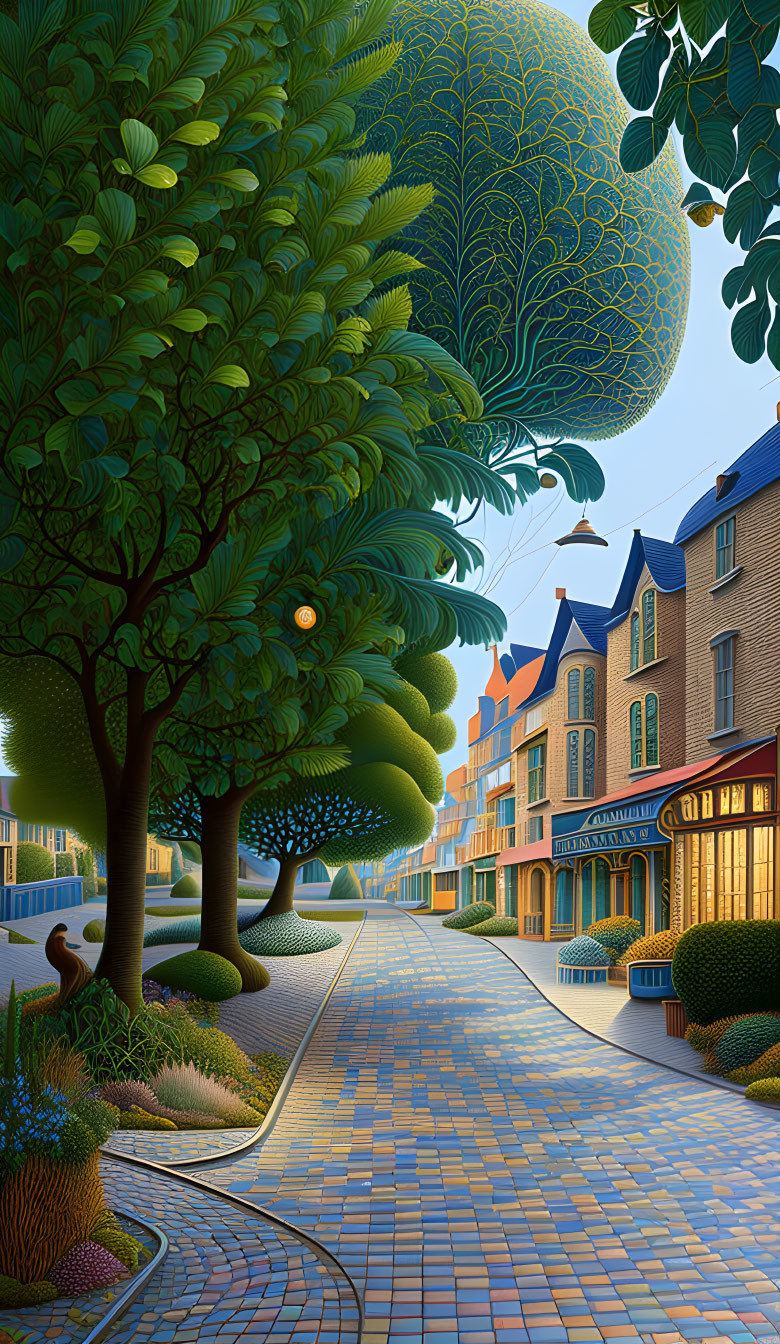 Colorful houses on tree-lined street with intricate tree canopy