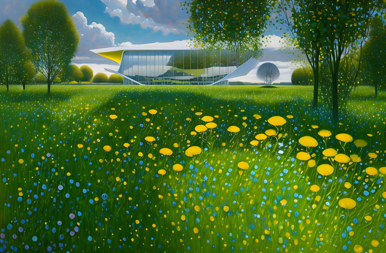 Geometric glass building in green field with yellow flowers