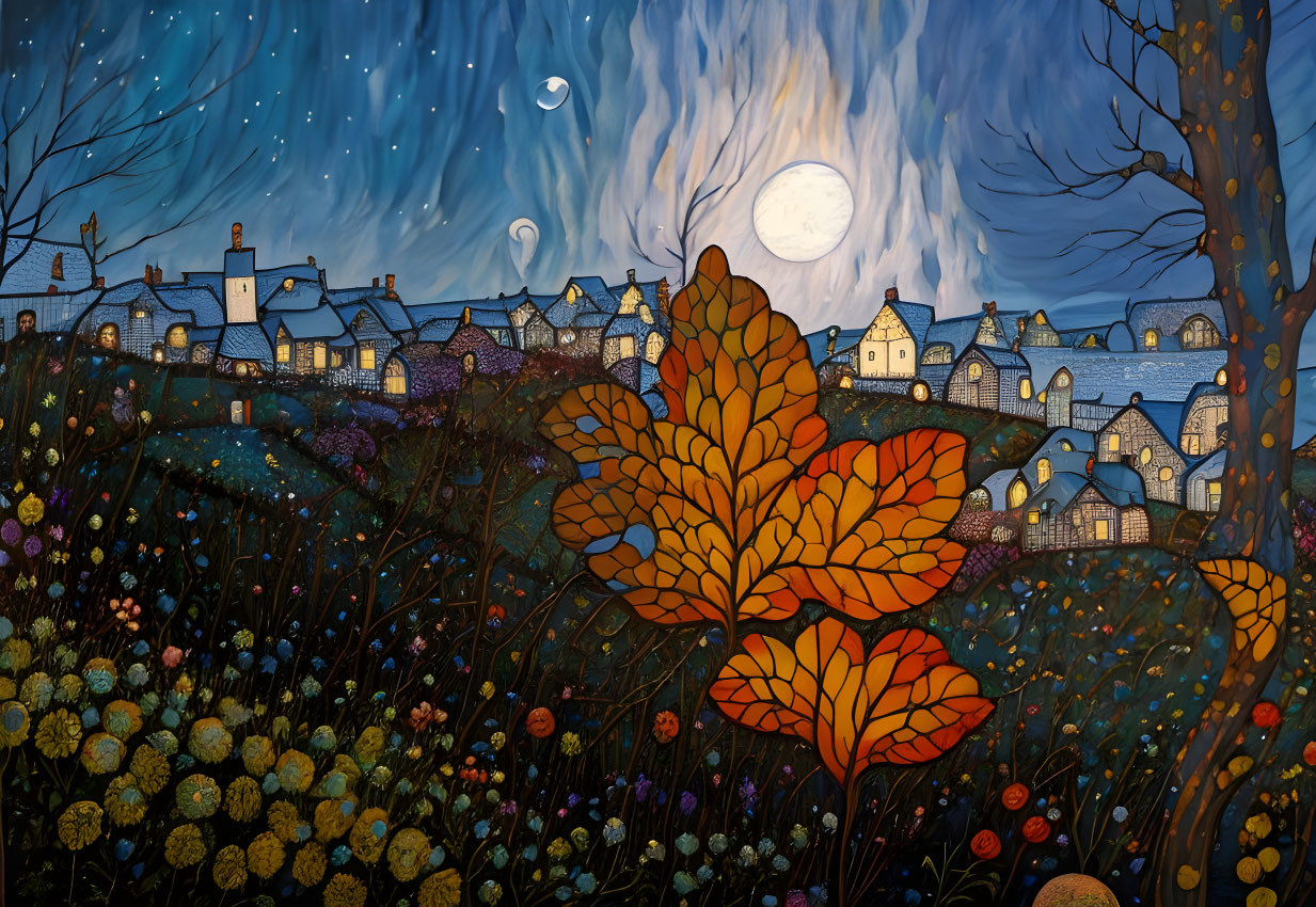 Colorful artwork of whimsical village under moonlit sky