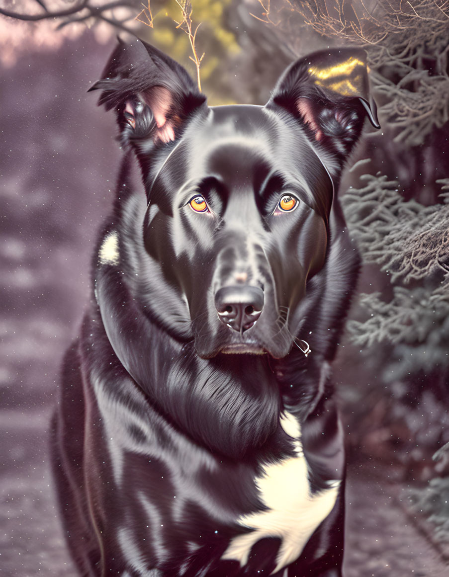 Black Dog with Amber Eyes in Snowy Winter Scene