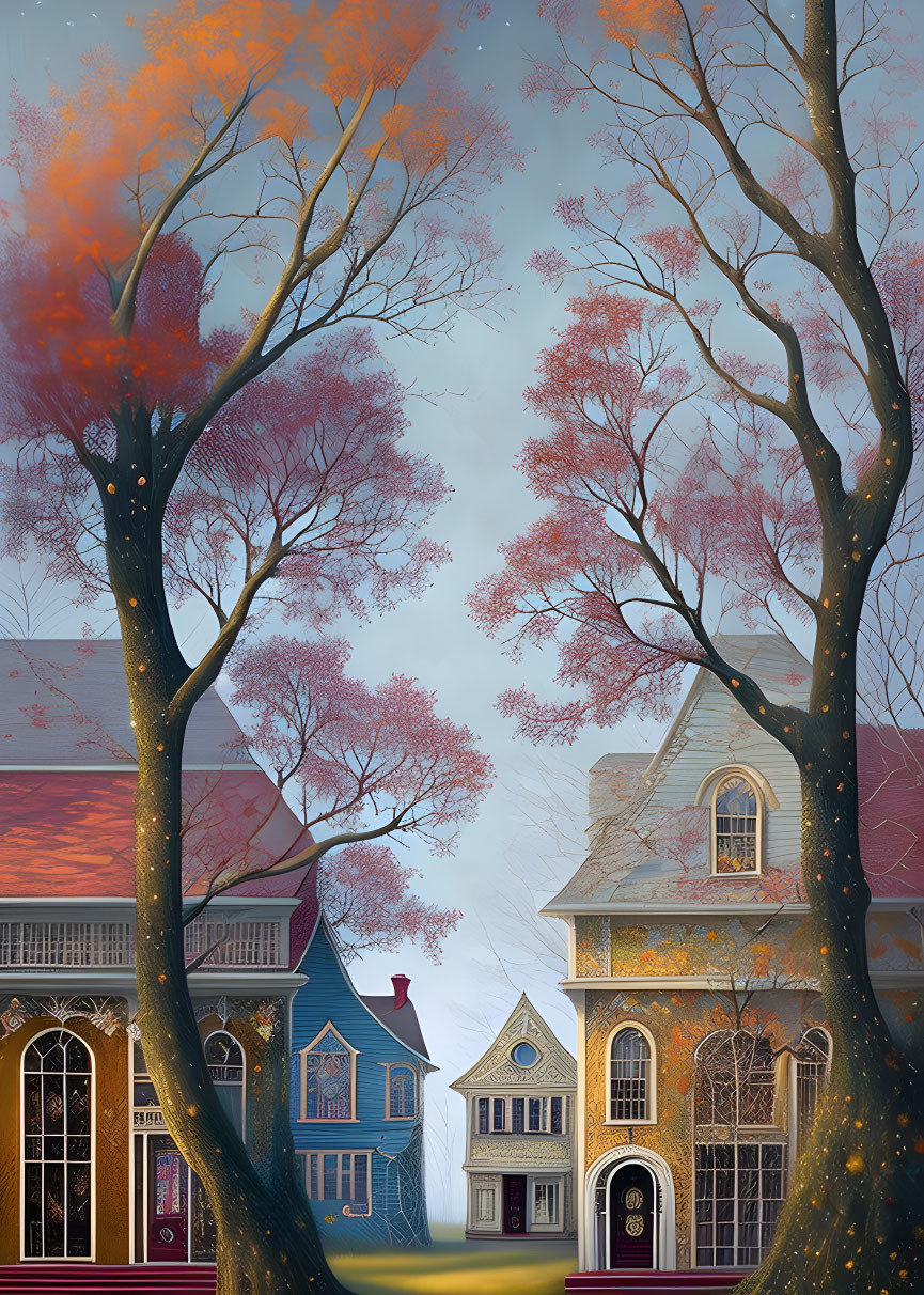 Victorian-style Houses Amid Autumn Trees and Dusky Sky