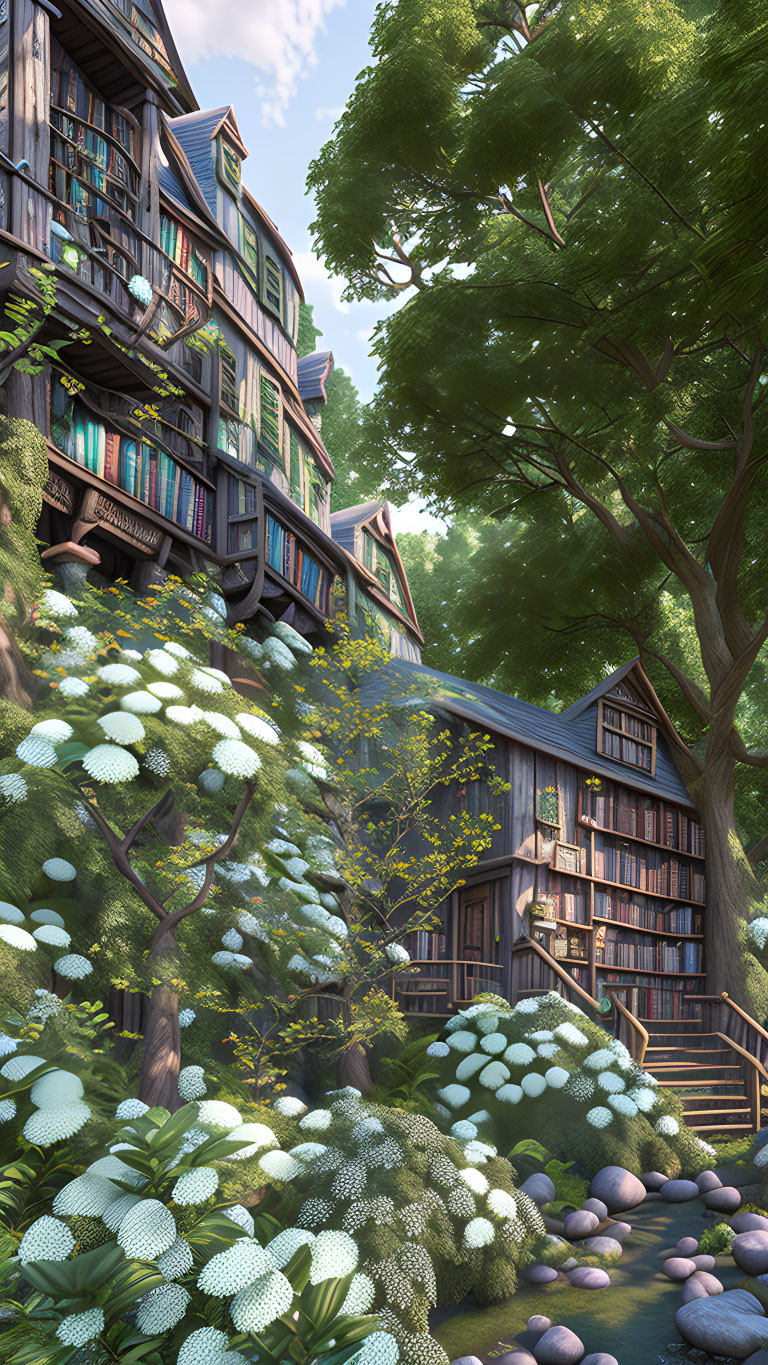 Whimsical multi-story house with bookshelves in serene forest