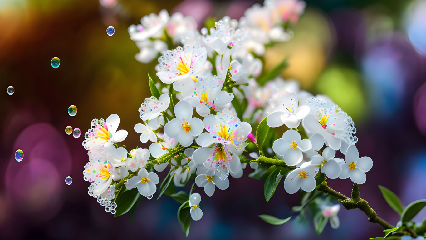 White Blossoms Branch with Dewy Texture and Sparkling Water Droplets