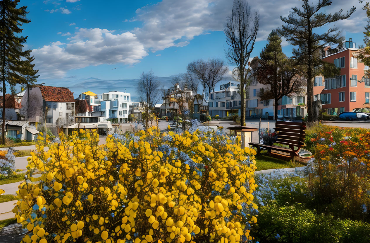 Colorful suburban landscape with green lawns and flowering plants under a clear blue sky.