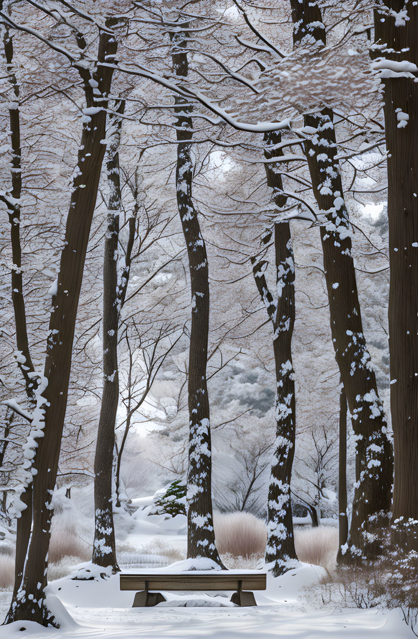 Snow-covered trees and wooden bench in serene winter scene