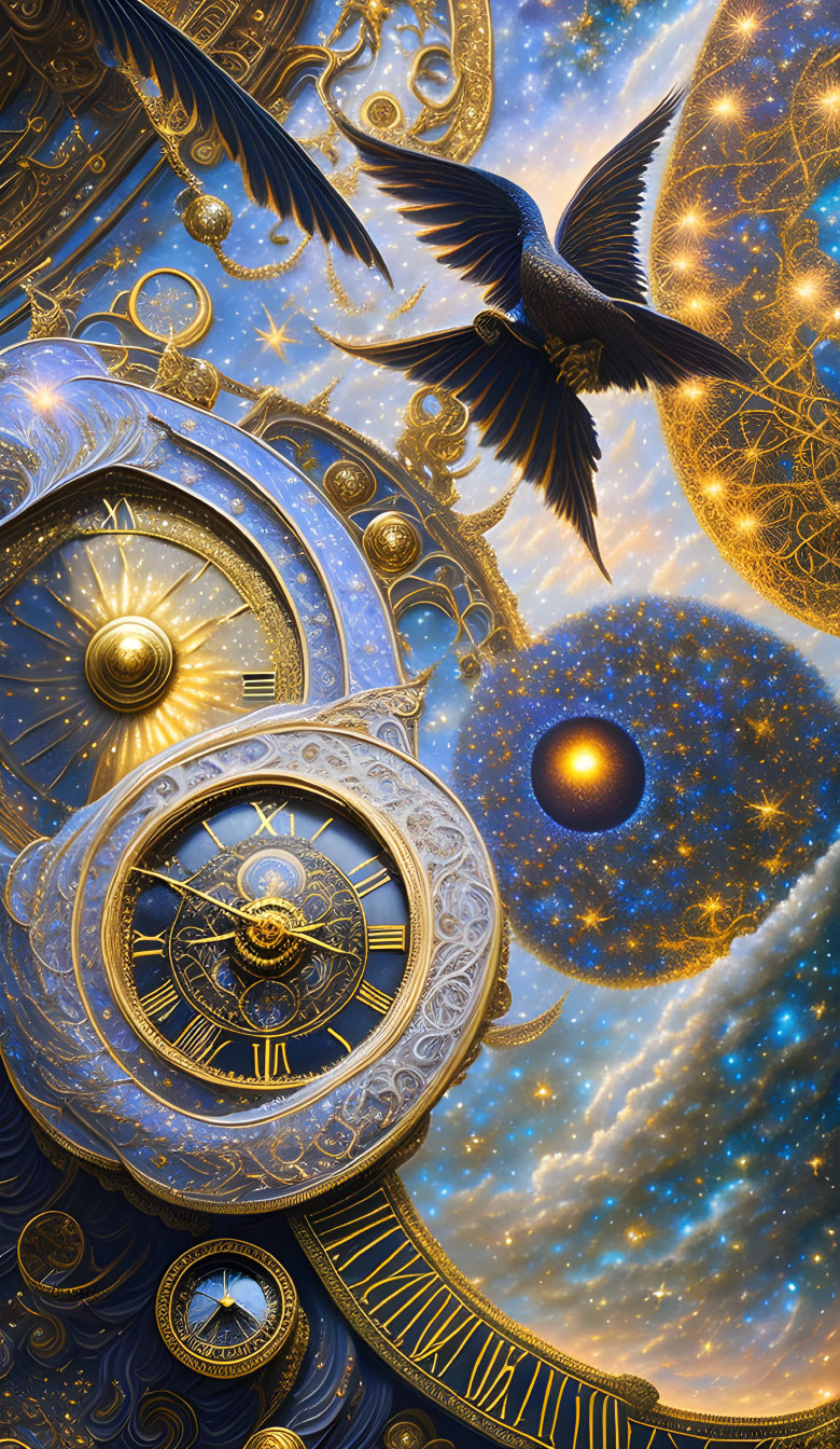 Raven flying through celestial clockwork and stars