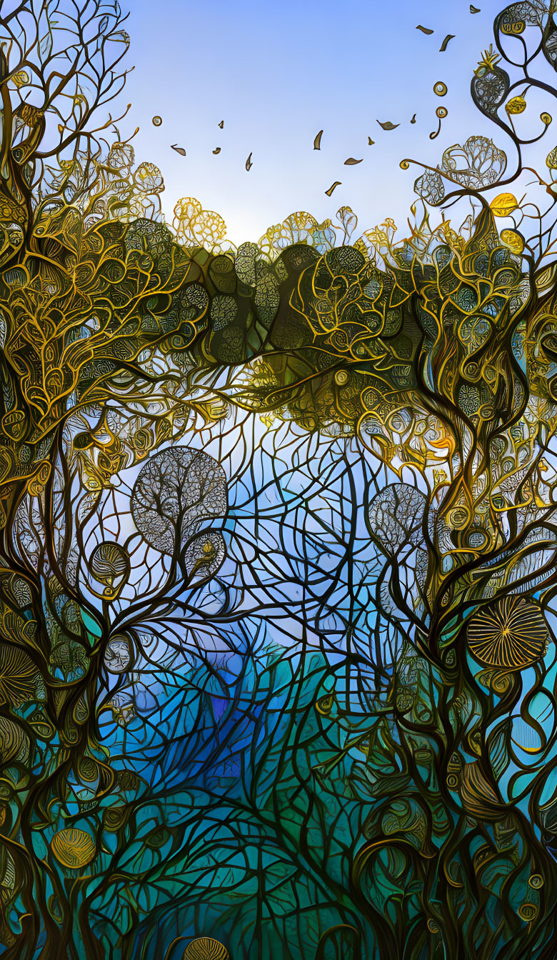 Detailed forest illustration with ornate gold and green trees and leaves under a blue sky.