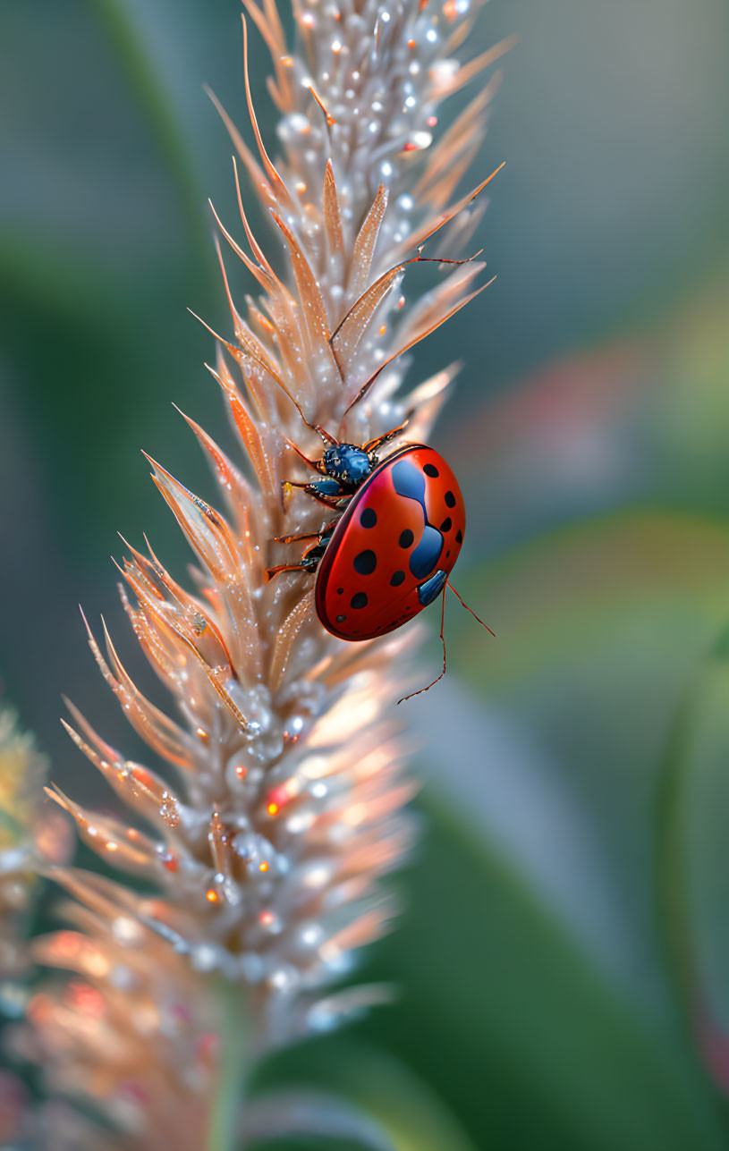 Red ladybug with black spots on dew-covered spiky plant in soft-focus background.