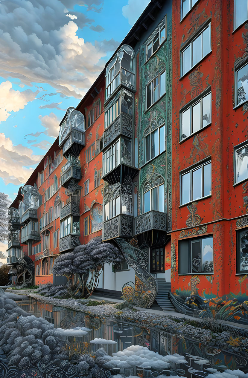 Vibrant surreal illustration of red apartment building against dramatic sky