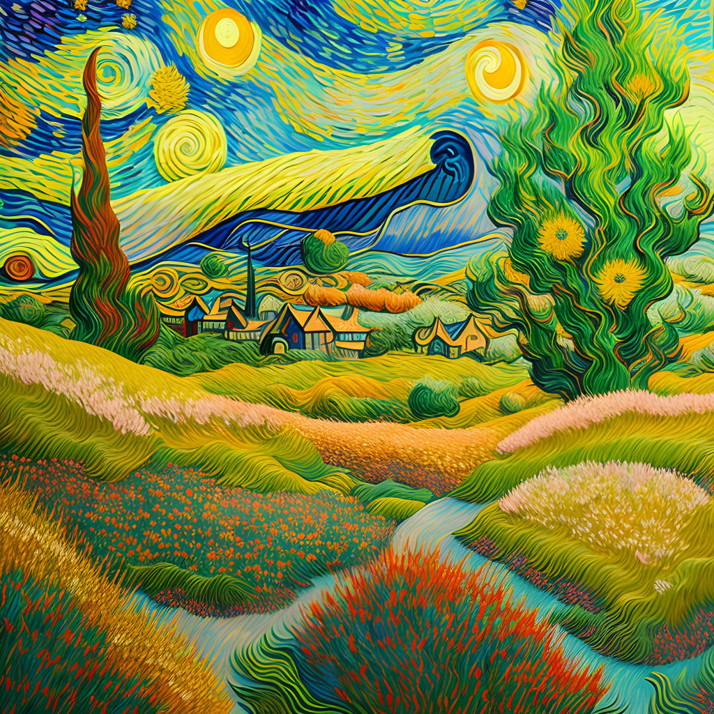 Colorful painting inspired by swirling skies and rolling hills with cypress tree & sunflowers.