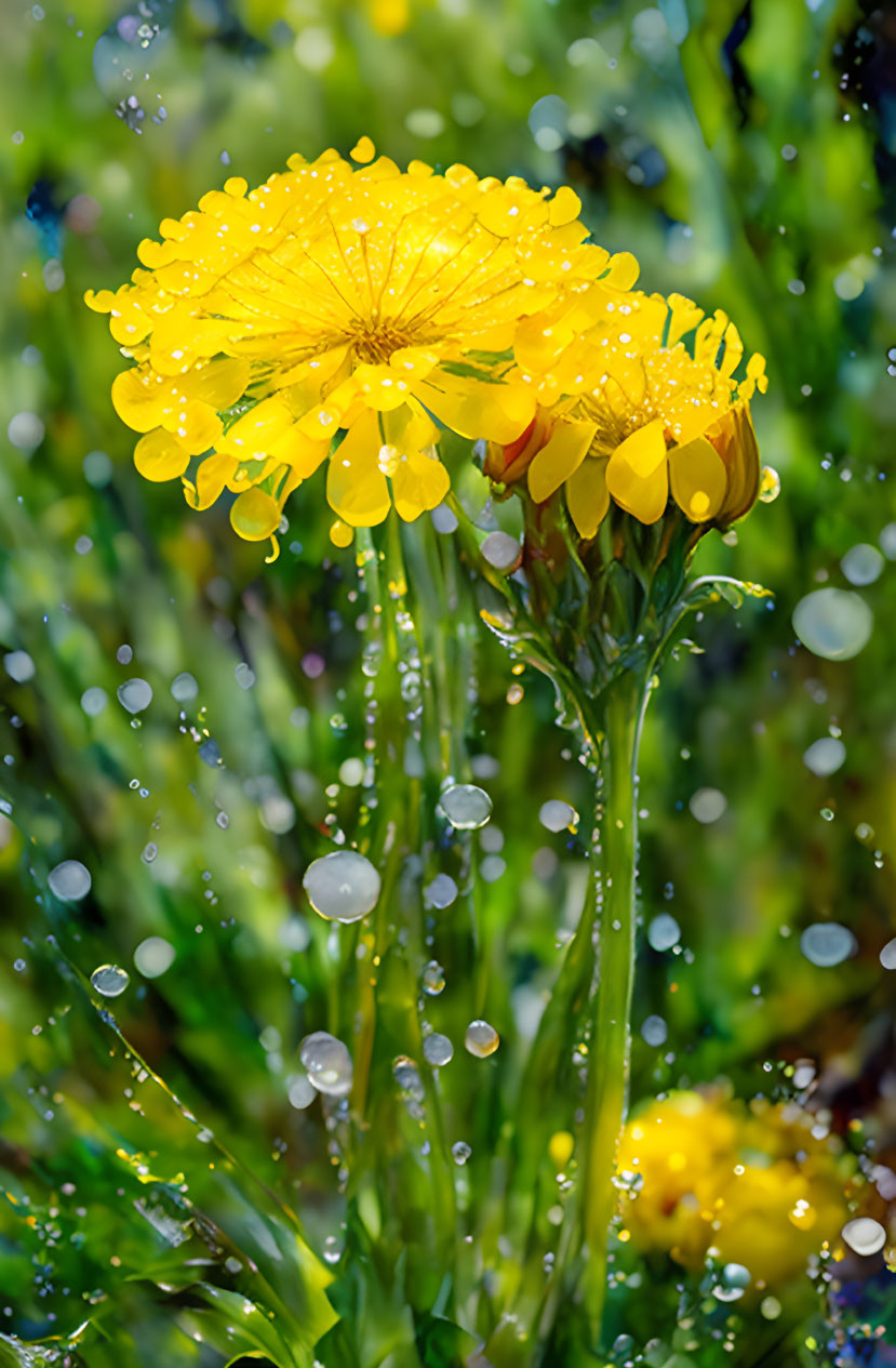 Bright Yellow Flowers with Water Droplets and Bokeh Effect