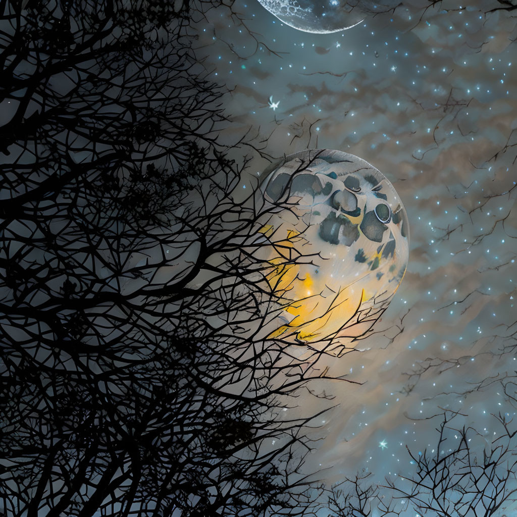 Night Sky with Stars, Multiple Moons, and Silhouetted Bare Tree Branches