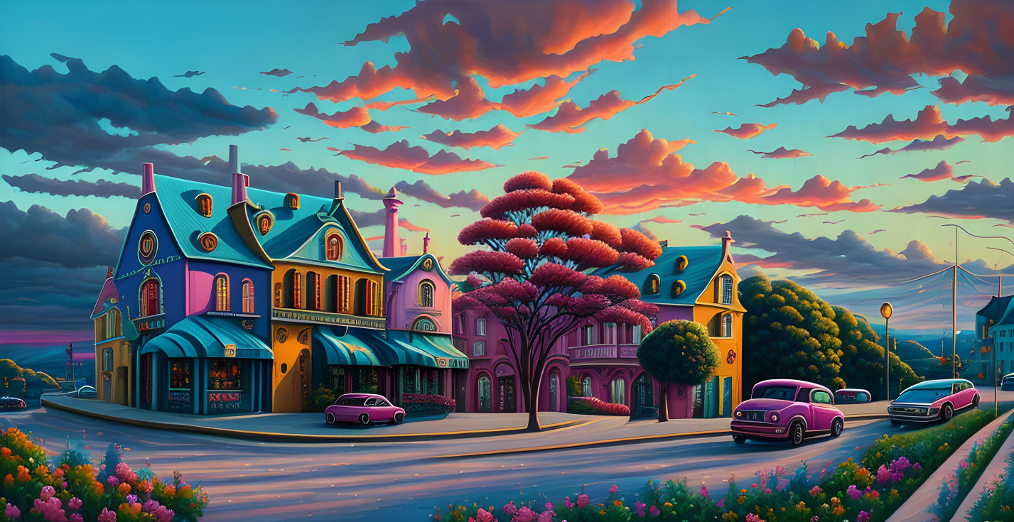 Colorful Sunset Street Scene with Whimsical Buildings & Retro Cars