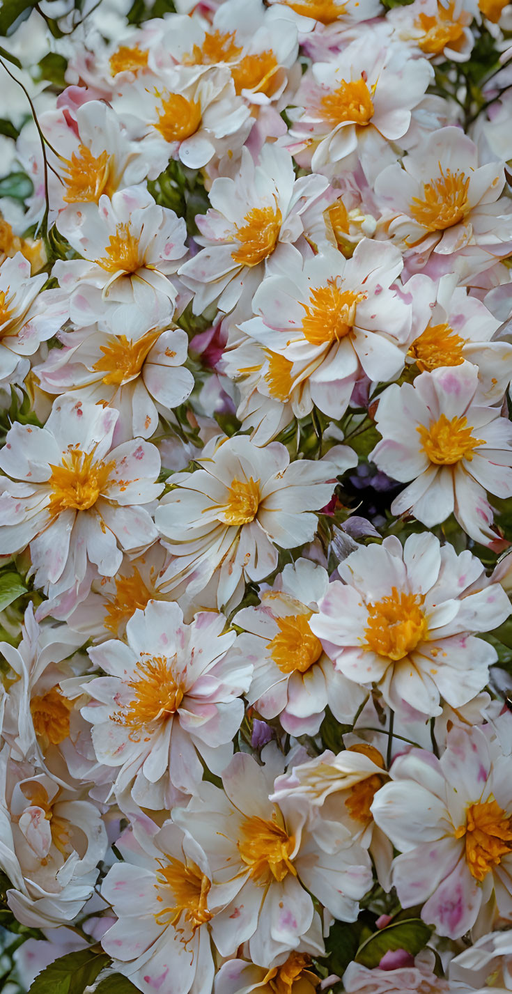 White and Yellow Flower Cluster with Golden Centers and Pink-Tinged Petals