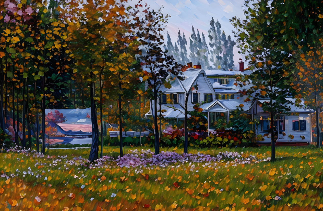 Traditional white house in autumn setting with lake view at dusk