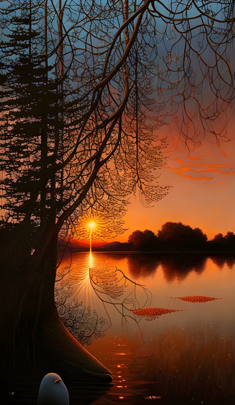 Tranquil sunset scene with lake reflections, silhouetted tree branches, and swan.